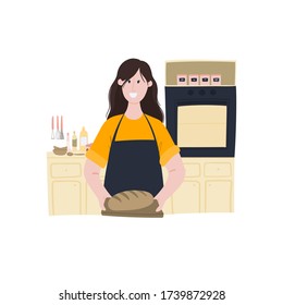 Die Frau hält gebackenes Brot in ihren Händen. Zu Hause backen, hausgemachtes Brot kochen. Cartoon handgezeichnete doodle Stil Konzept Illustration für Landing-Seite, Banner, Poster, Flyer, Misc Werbung. 