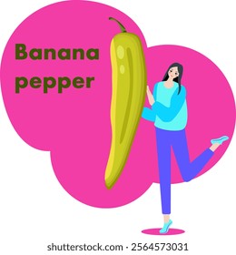 A woman holds banana chili pepper or yellow wax pepper. Isolated vector illustration.