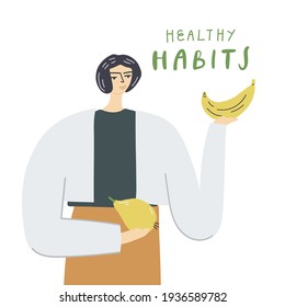 Woman holds banana and pear. Concept of healthy natural plant-based nutrition. World health day. Vector hand drawn illustration