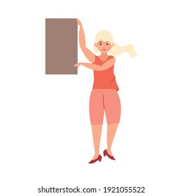 woman holds banner cartoon vector illustration white background