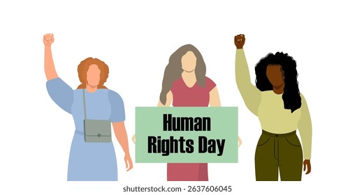 Woman holds a banner in her hands with the inscription Human Rights Day. People's hands raised with clenched fists. Human rights and  equality concept. Vector Not AI generated