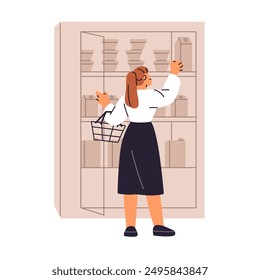 Woman holds basket, chooses food on supermarket shelves back view. Customer takes goods from rack, buys products in market. Buyer shopping in grocery store. Flat isolated vector illustration on white