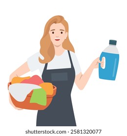 Woman holds a basket of colorful laundry in one hand and a bottle of detergent in the other. Flat vector illustration isolated on white background