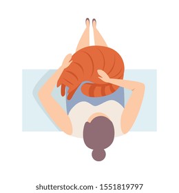 Woman Holds Big Ginger Cat Sitting On The Bench Flat Vector Illustration