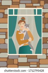 The woman holds the big grey cat in arms, at home. View from the window. 
Vector illustration isolated on brown background. Suitable for print and web usage.