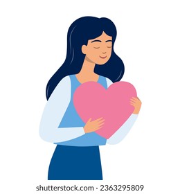 Woman holds big heart near her breast. Modern flat vector illustration