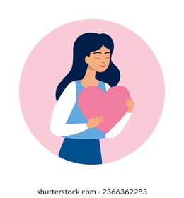 Woman holds big heart near her breast. Female character in a round frame. Modern flat vector illustration