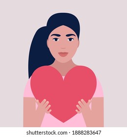 Woman holds big hearts. Illustration for Valentine's day.
Colorful flat vector illustration