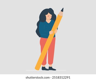 Woman holds a big pencil and represents roles such as writer, author, copywriter or teacher. Businesswoman female with a pen symbolizing her role in creative work and management. Vector illustration