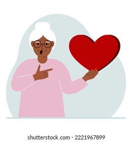 A woman holds a big red heart in his hand. The concept of volunteering, romantic relationship or love. Vector flat illustration.