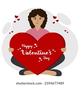 A woman holds a big red heart with congratulations on Valentine's Day. Vector flat illustration
