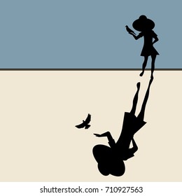 A woman holds a bird that takes flight as a shadow in a minimalist surreal illustration.