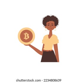 A woman holds a bitcoin in her hands in the form of a coin. Character with a modern style.