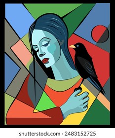 A woman  holds a black bird perched on her hand, surrounded by colorful geometric shapes  in the background. modern and abstract style,  palette of blues, greens, reds, and oranges.