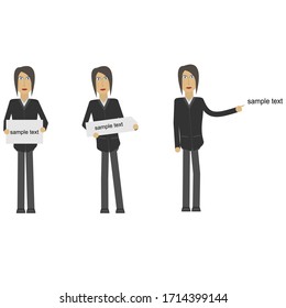 A woman holds a blank piece of paper for advertising. Presentation. Vector illustration