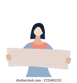 Woman holds a blank poster. Flat cartoon colorful vector illustration. feminist against violence, pollution, descrimination, woman rights violation.