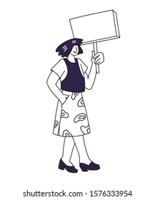 Woman holds a blank tablet, announces, advertises and attracts attention. Promotion and advertising banner for seasonal sale and discounts events. Sketch vector illustration isolated.