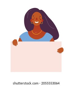 woman holds a board with place for text. Flat vector illustration with copy space. Cute girl with a banner in her hands.