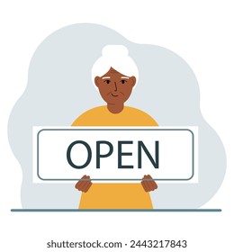 A woman holds a board with the text OPEN in his hands. Advertising poster. Vector flat illustration