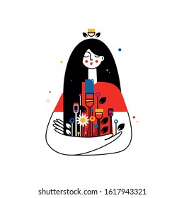 Woman holds a bouquet of flowers. Vector illustration in flat line style.