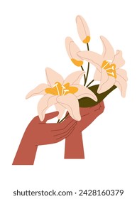 Woman holds bouquet of lily. Female hands with bunch of elegant flowers. Innocence posy, nature gift. Beautiful blossom cut plants. Sensitivity. Flat isolated vector illustration on white background