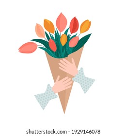 A woman holds a bouquet of tulips in her hands. Spring concept. Flat vector illustration.