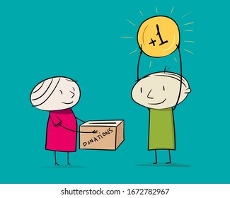 Woman holds box for donation and Man donating one coin 