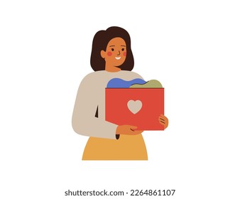 Woman holds box with new clothing for charitable. Female person donates garments for second life. Volunteer gives some items of clothes as social help. Vector illustration