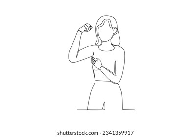 A woman holds a breast while clenching her fists. Breast cancer awareness month one-line drawing