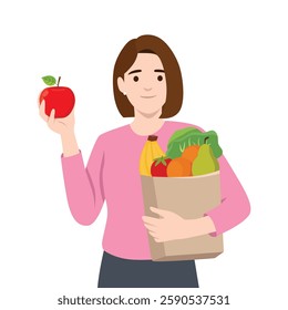 Woman holds a bright red apple and a grocery bag filled with fresh fruits and vegetables. Flat vector illustration isolated on white background