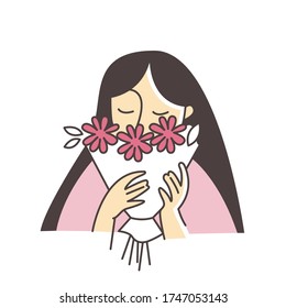A woman holds a bunch of flowers in her hands and sniffs them. Women's day, holiday greetings, gift, vector icon. Bouquet of flowers. Vector stock illustration for female application, site, article.