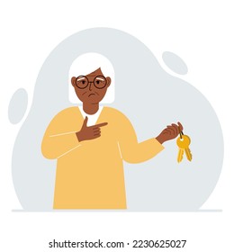 A woman holds a bunch of golden keys to open a locked door. Knowledge or the key to success. Vector flat illustration