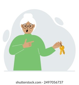 A woman holds a bunch of golden keys to open a locked door. Knowledge or the key to success. Vector flat illustration