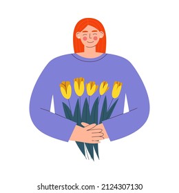 Woman holds bunch of tulips and smiling. Trendy flat vector illustration isolated on white bachground