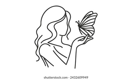 Mujer sostiene la mariposa cerca de la ilustración vectorial de la cara sobre fondo blanco