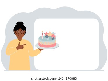  A woman holds a cake in his hand. Nearby is a white poster for text. Birthday or holiday.