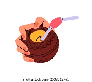 Woman holds calabash with bombilla to drink mate tea. Ornamented cup of traditional South American beverage. Mug with straw in female hand. Flat isolated vector illustration on white background