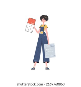 A woman holds a calculator and a tax form in her hands. Isolated on white background. Vector illustration in a flat style.