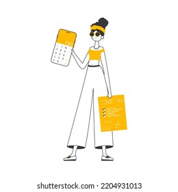 A woman holds a calculator and a tax form in her hands. Linear trendy style. Isolated. Vector illustration.
