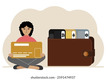 A woman holds a card, next to a wallet with different cards for cryptocurrencies. Internet wallet, digital money transactions, exchange platform, cold wallet or hardware wallet. Vector flat illustrati