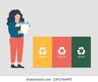 Woman holds a cardboard box of plastic bottles for recycling. Female girl filters garbage before throwing it. Separation of Paper, plastic and glass trash concept. Eco friendly habits. Vector stock