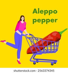 A woman holds cart with Aleppo pepper or Halaby pepper. Isolated vector illustration.