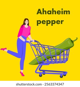 A woman holds cart with Anaheim pepper or California pepper or Magdalena pepper or Hatch pepper. Chili peppers. Isolated vector illustration.