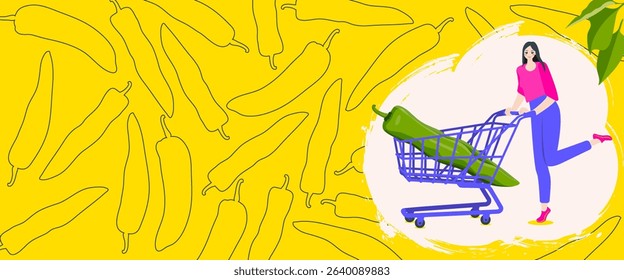 A woman holds cart with Anaheim pepper or California pepper or Magdalena pepper or Hatch pepper. Rectangular banner. Isolated vector illustration.