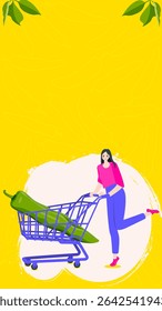 A woman holds cart with Anaheim pepper or California pepper or Magdalena pepper or Hatch pepper. Vertical banner. Isolated vector illustration.