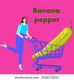 A woman holds cart with banana chili pepper