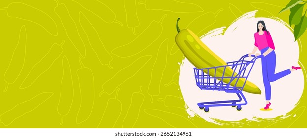A woman holds cart with Banana pepper or yellow wax pepper. Harvest season. Horizontal banner. Isolated vector illustration.
