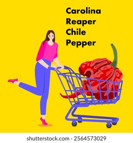 A woman holds cart with Carolina Reaper pepper. Chili peppers. Isolated vector illustration.