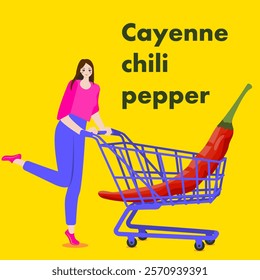 A woman holds cart with Cayenne pepper or Ginnie pepper. Chili peppers. Isolated vector illustration.