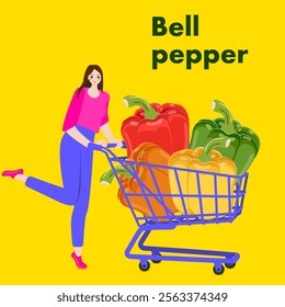 A woman holds cart with colorful sweet bell peppers. Red, green, yellow, and orange bell peppers. Isolated vector illustration.